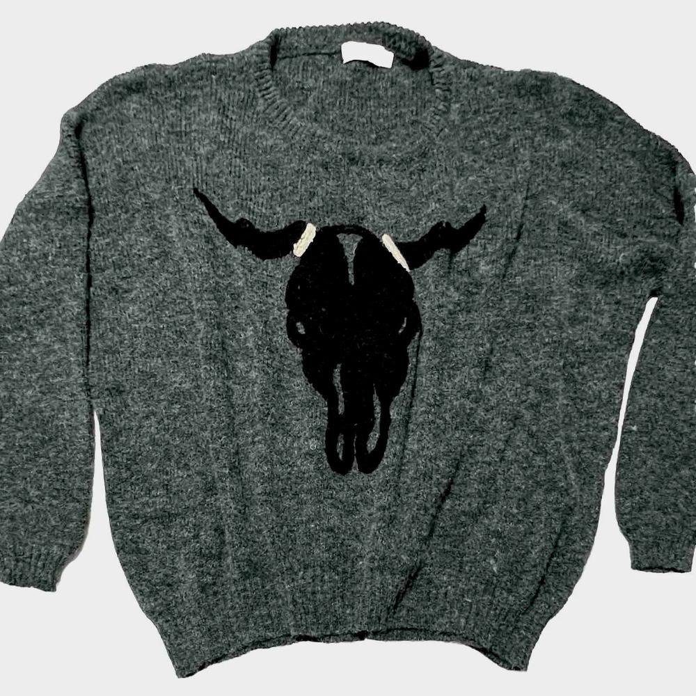 Voge Boutique Bull Skull Sweater Womens M/L Grey Excellent Oversized Knit ES194